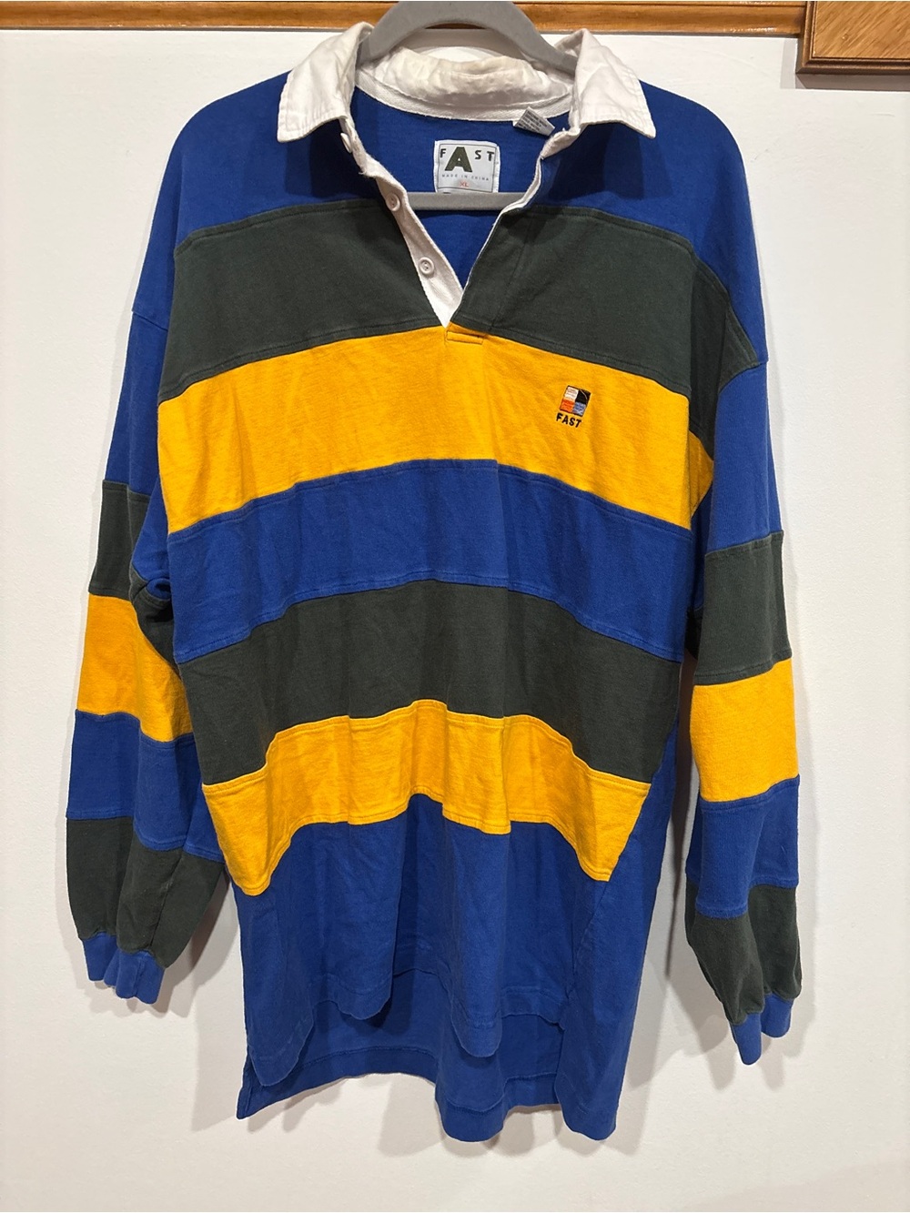 FAST Striped Rugby Shirt in Blue, Yellow & Dark Green - Men’s XL